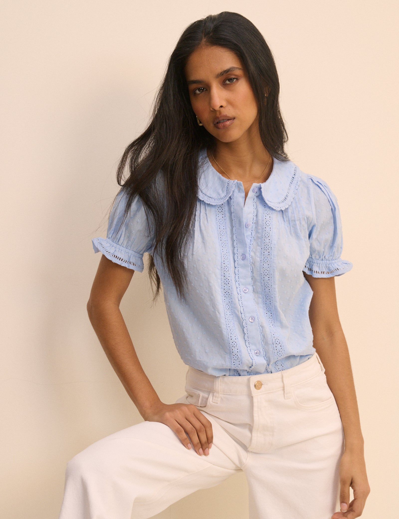 Light Blue Broderie Anglaise Peter Pan Collar Blouse