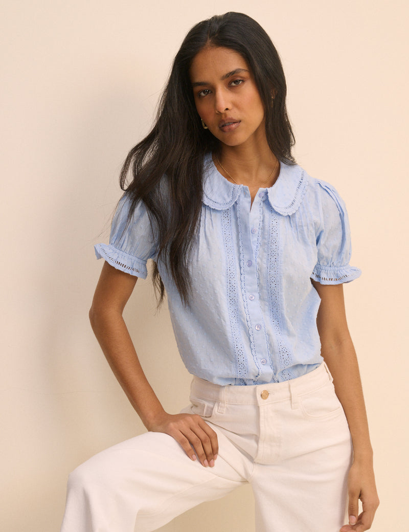 Light Blue Broderie Anglaise Peter Pan Collar Blouse