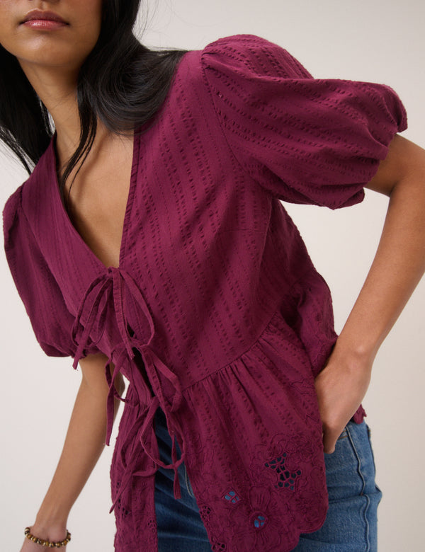 Burgundy Floral Broderie Anglaise Blouse