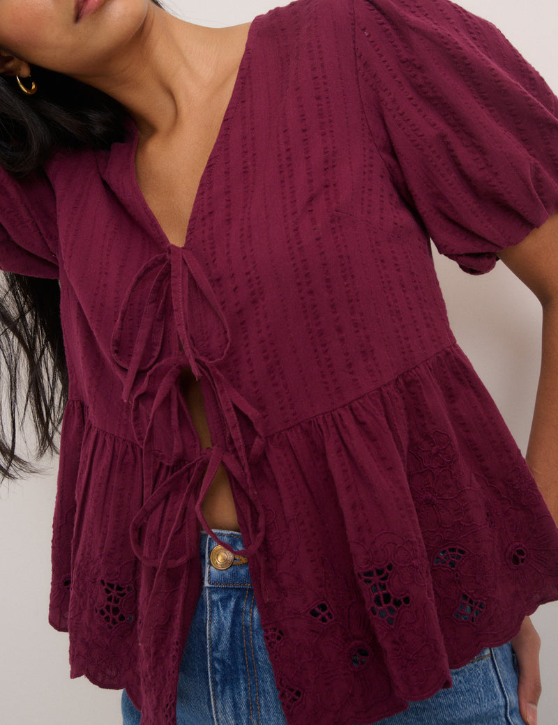 Burgundy Floral Broderie Anglaise Blouse
