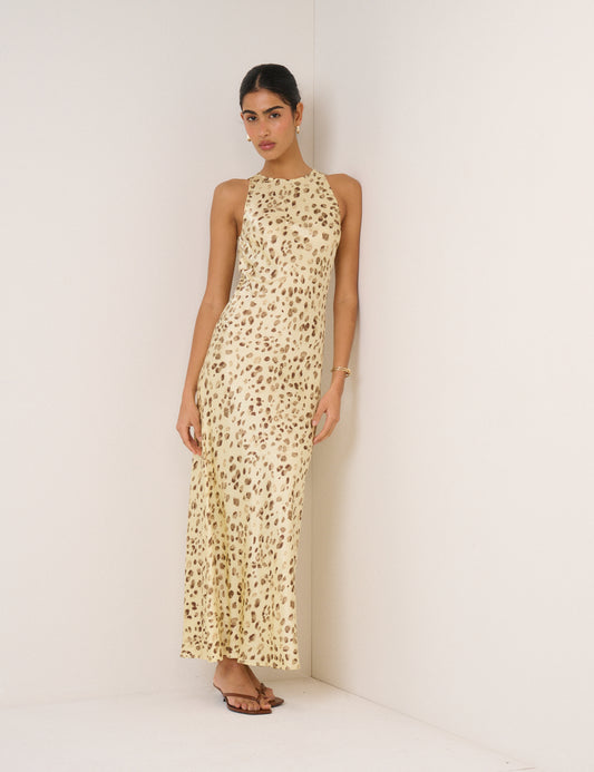 kivari zahara spot maxi dress Butter Yellow Leopard Print Zahara Maxi Dress