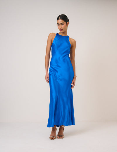 Electric Blue Satin Zahara Maxi Dress