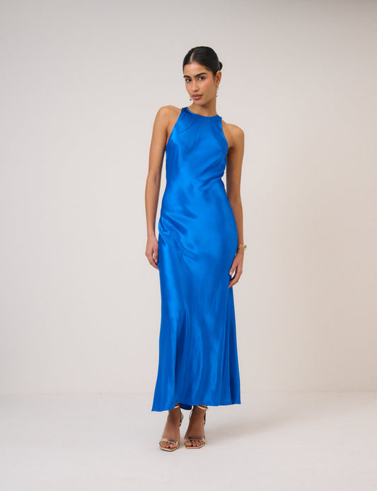 santorini satin wrap dress in dusty blue Electric Blue Satin Zahara Maxi Dress