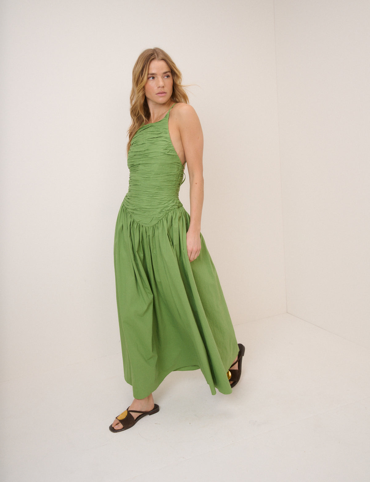 Green Pleated Rosabel Midi Dress