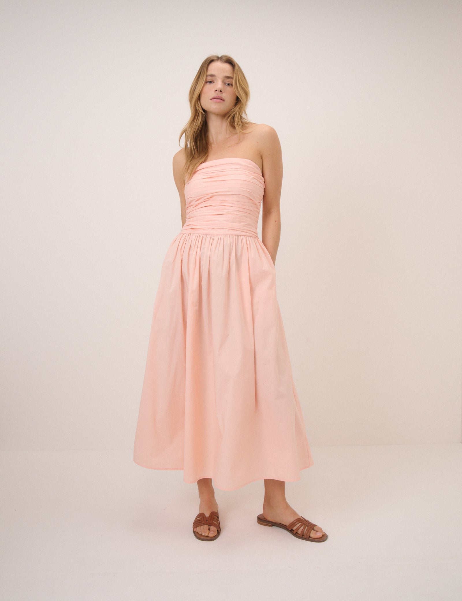 bandeau a line dress Strapless Bandeau Midi Dress 45 Panel Skirt | Pink Boho Cotton Dress | Flowy A-Line Summer Dress