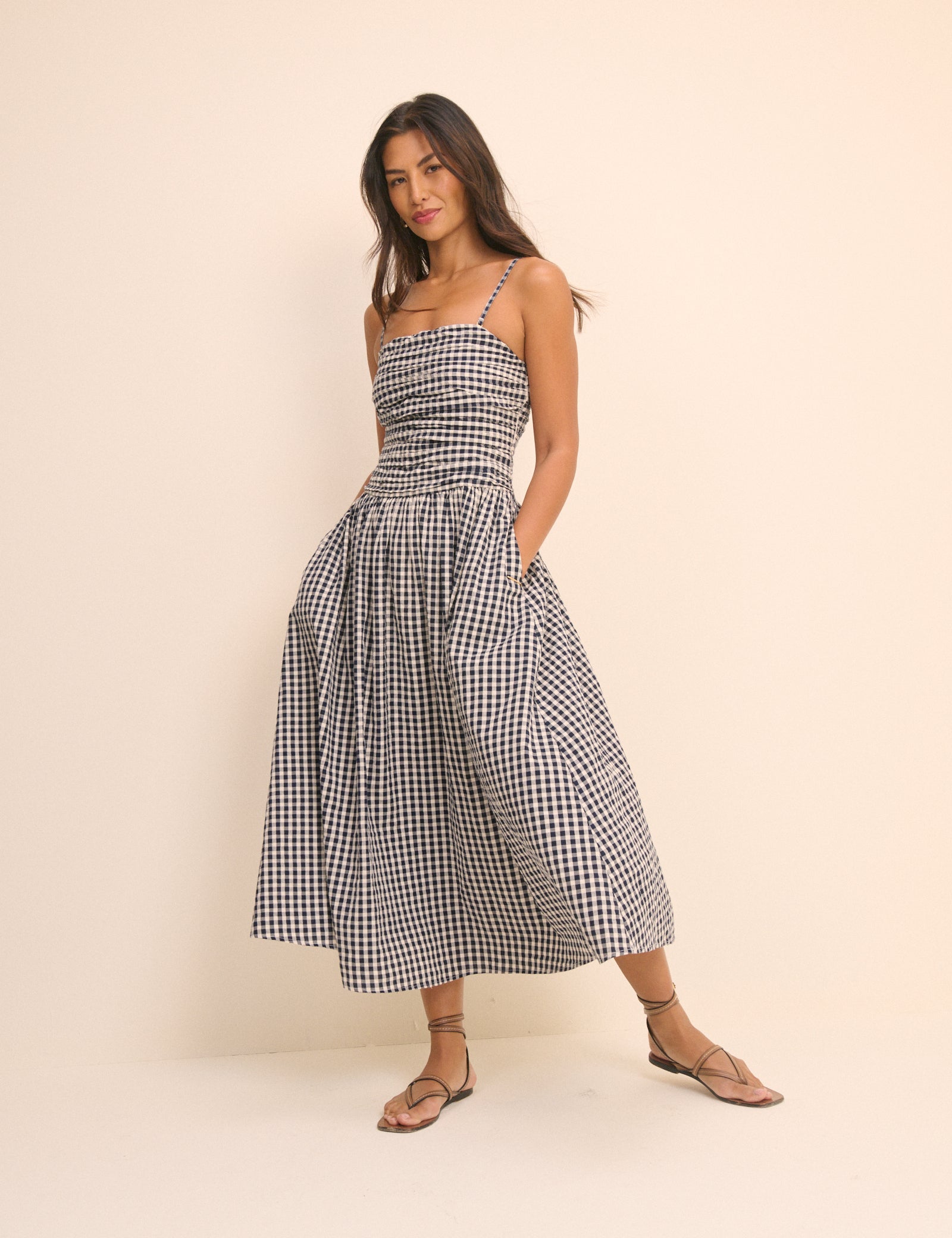 Navy Gingham Bandeau Alice Midi Dress