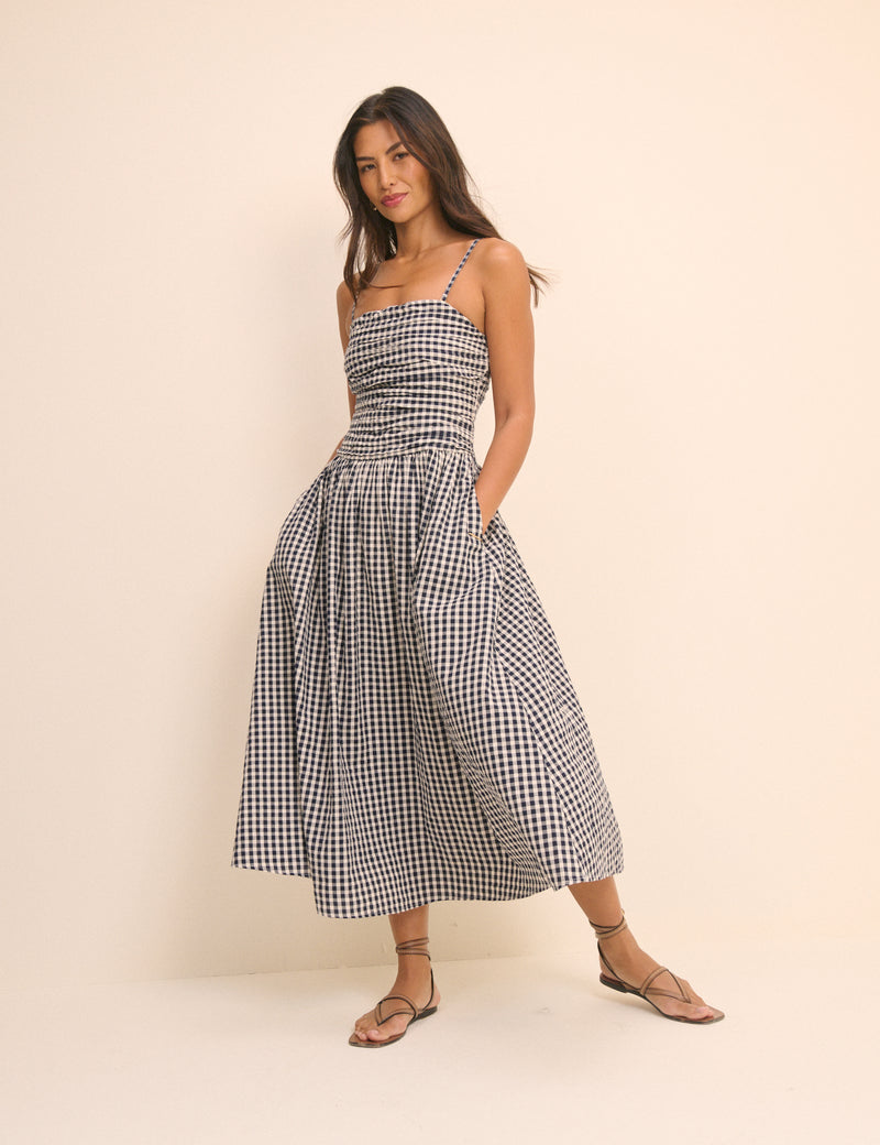 Navy Gingham Bandeau Alice Midi Dress