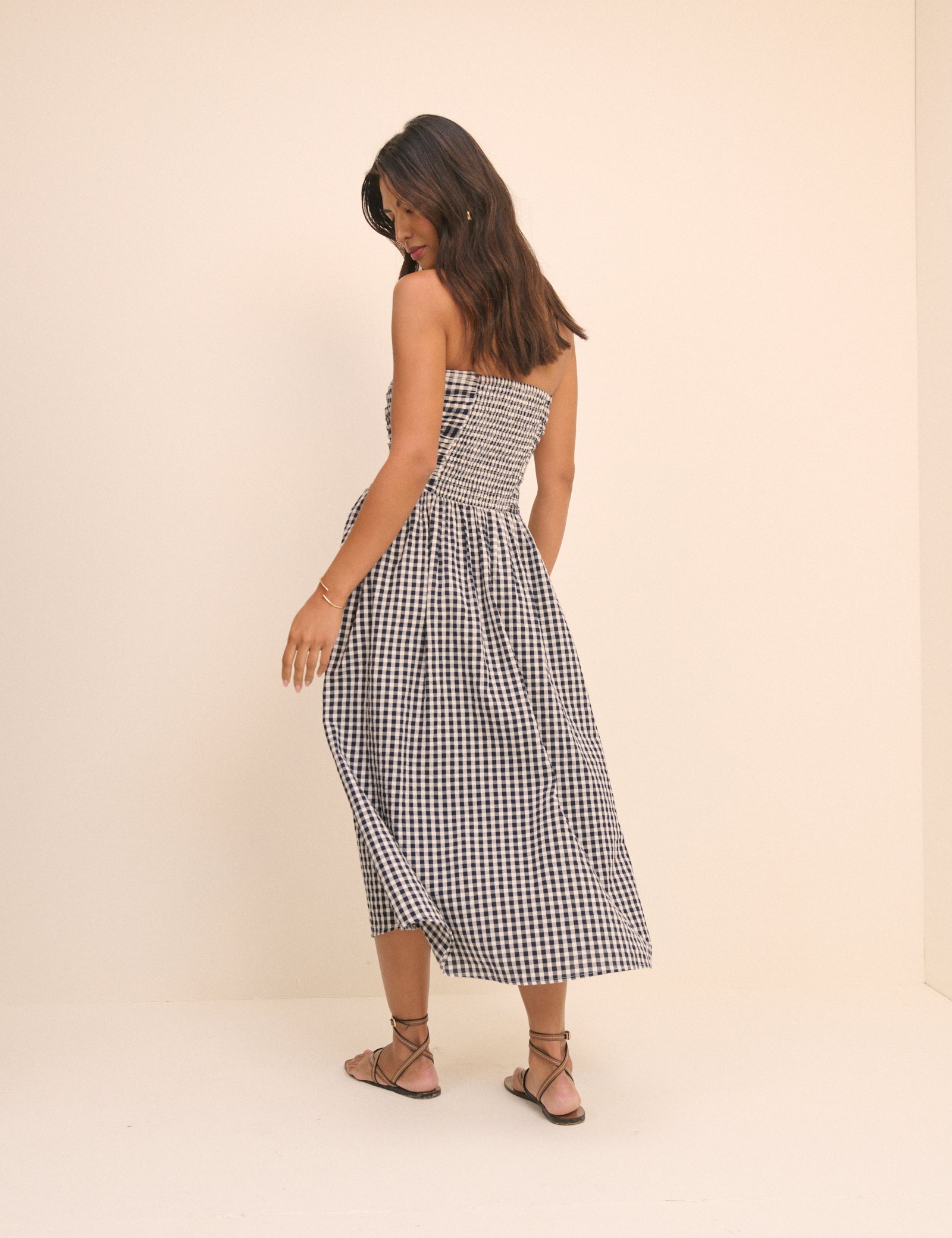Navy Gingham Bandeau Alice Midi Dress