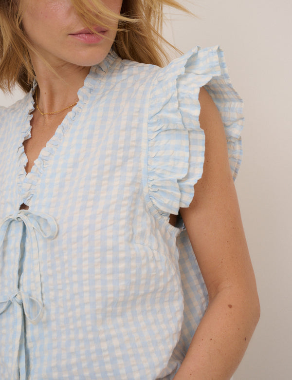 Blue Gingham Tie Front Blouse