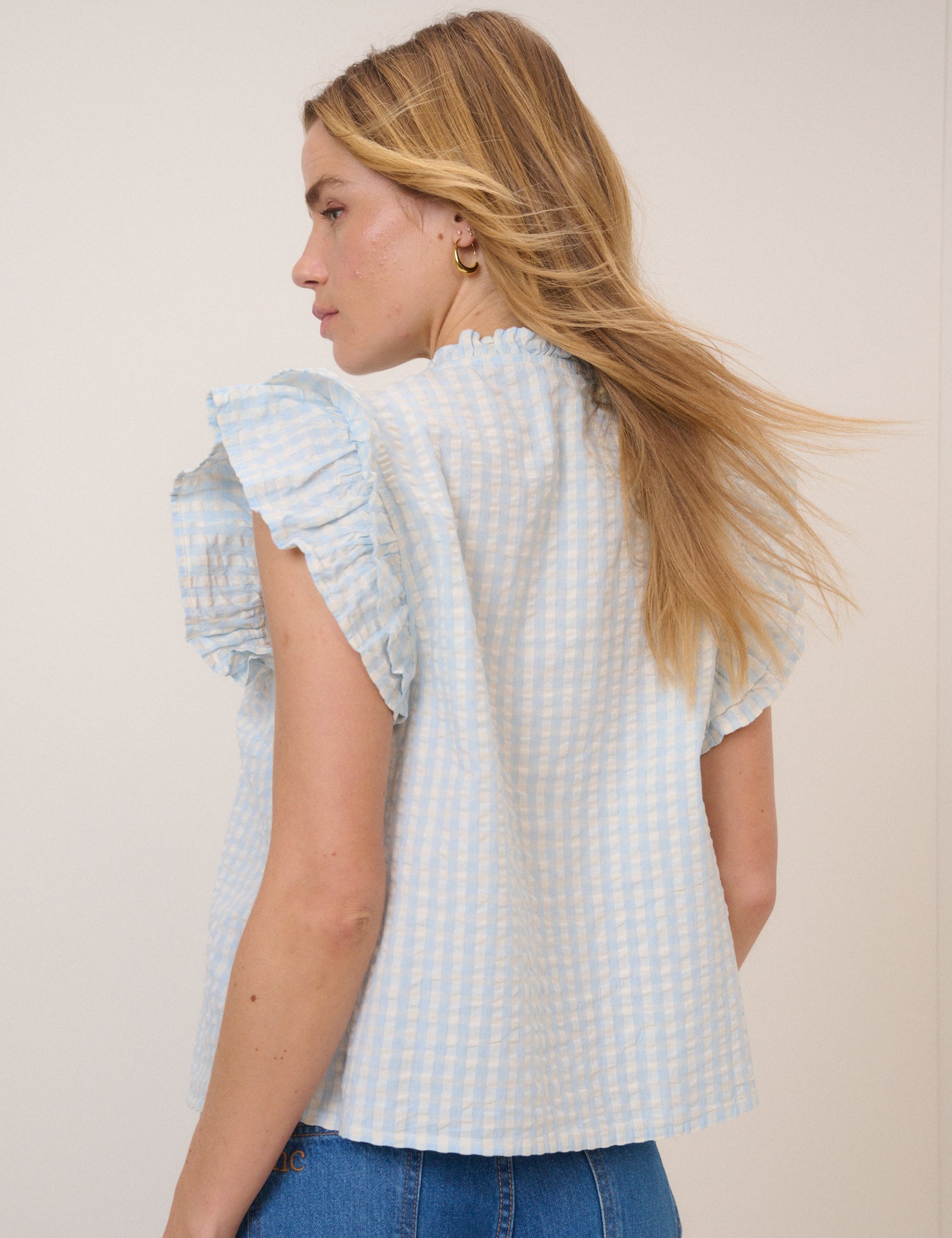 Blue Gingham Tie Front Blouse