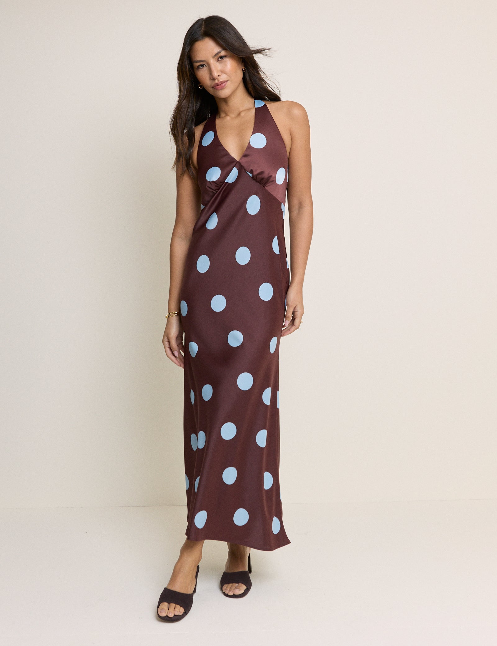 Brown Polka Dot Cali Halter Neck Midaxi Dress