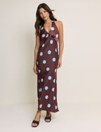 Brown Polka Dot Cali Halterneck Maxi Dress