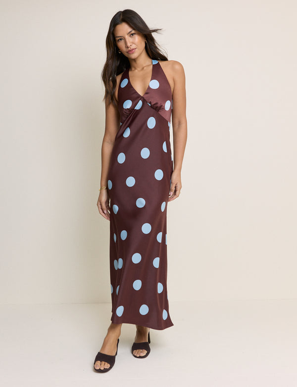 Brown Polka Dot Cali Halter Neck Midaxi Dress