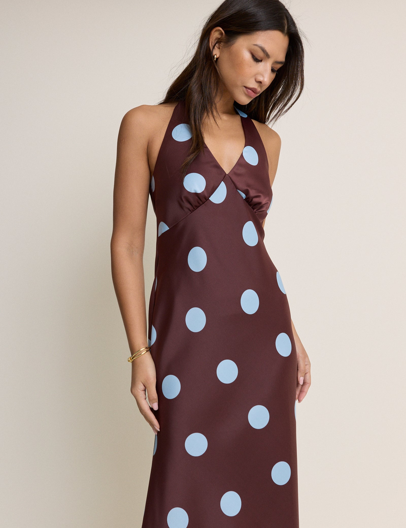 Brown Polka Dot Cali Halter Neck Midaxi Dress