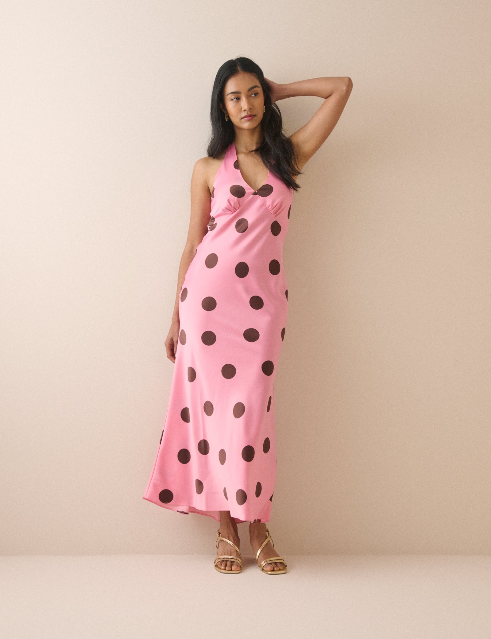 Pink Polka Dot Cali Halterneck Maxi Dress