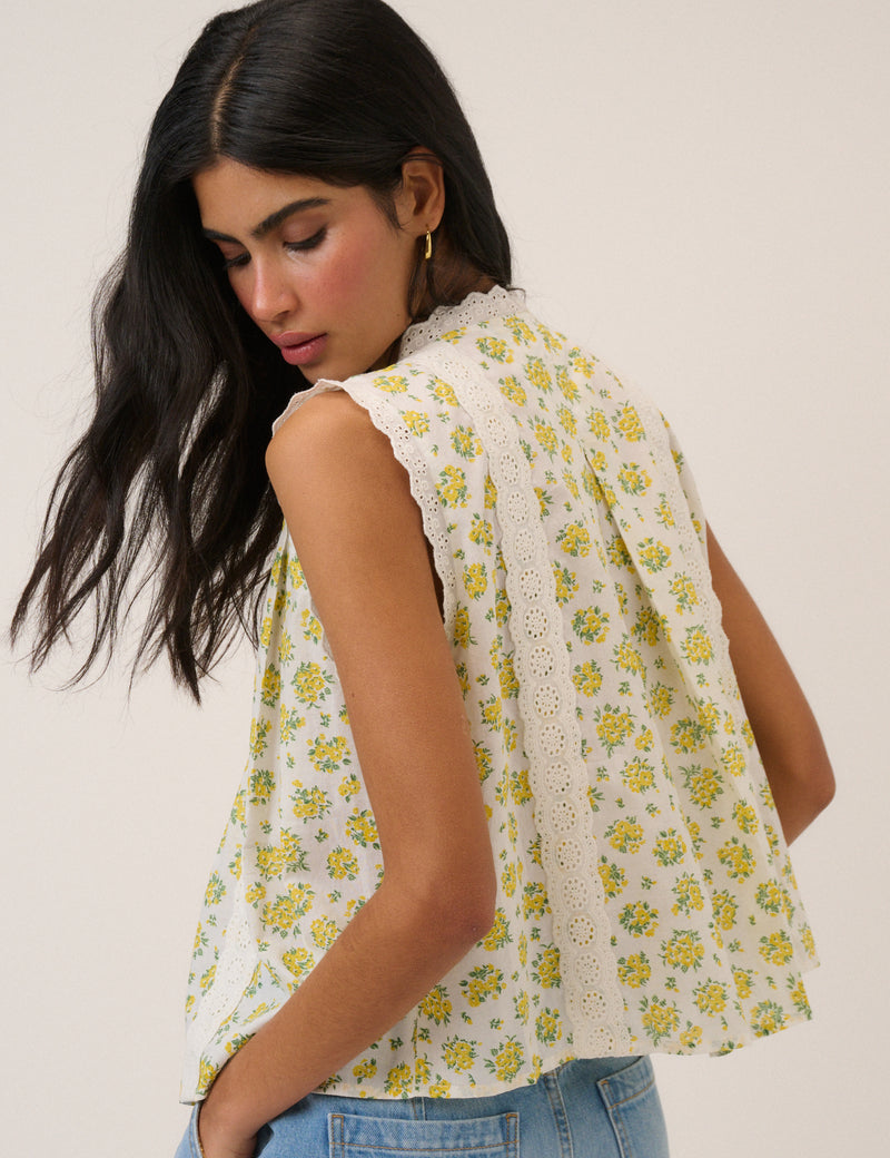 White Floral Broderie Anglaise Trim Blouse