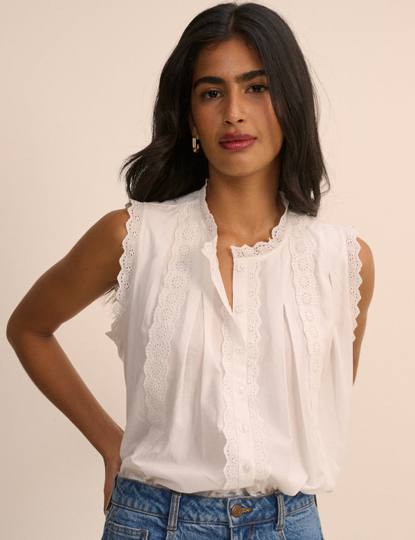 White Broderie Anglaise Trim Blouse