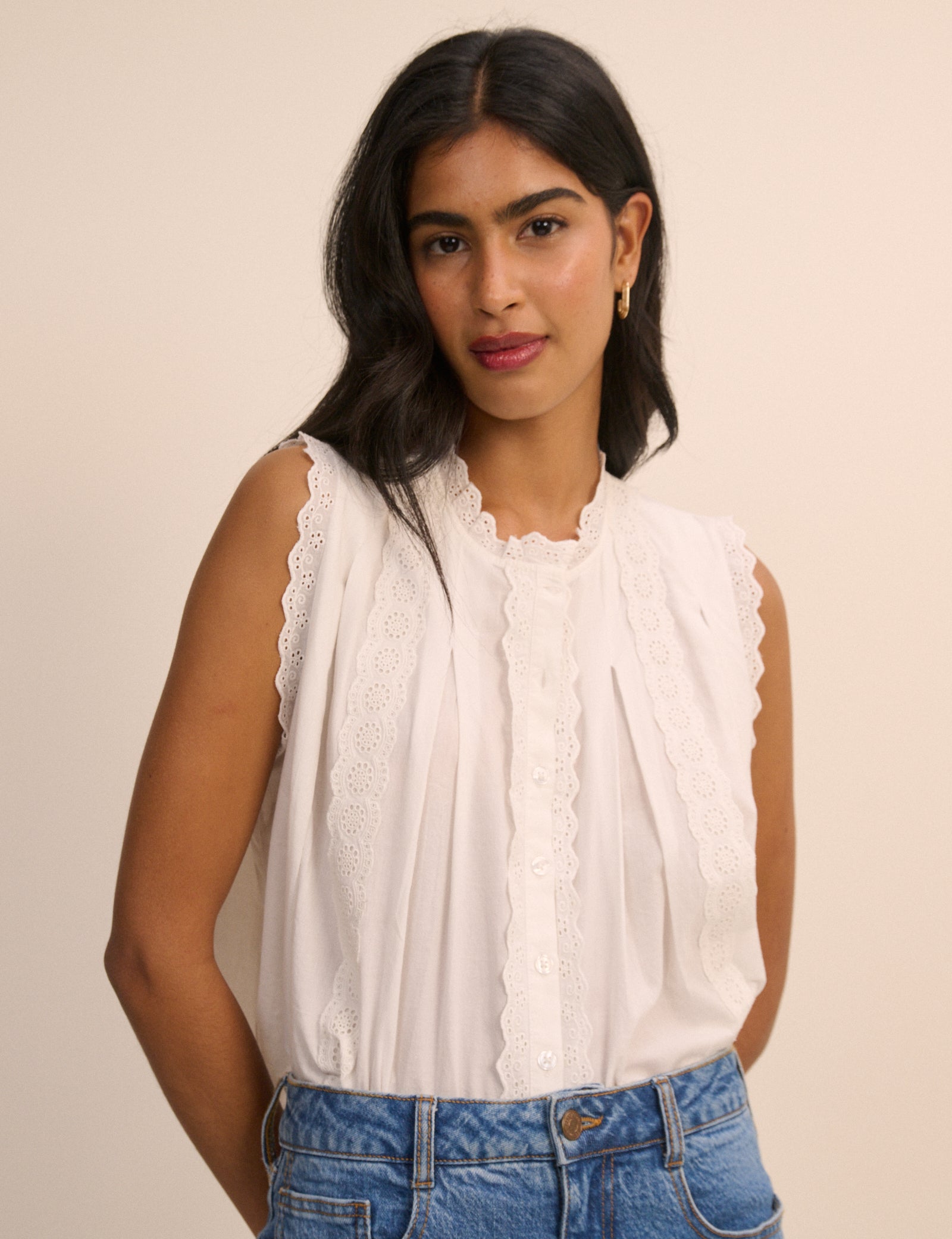 White Broderie Anglaise Trim Blouse