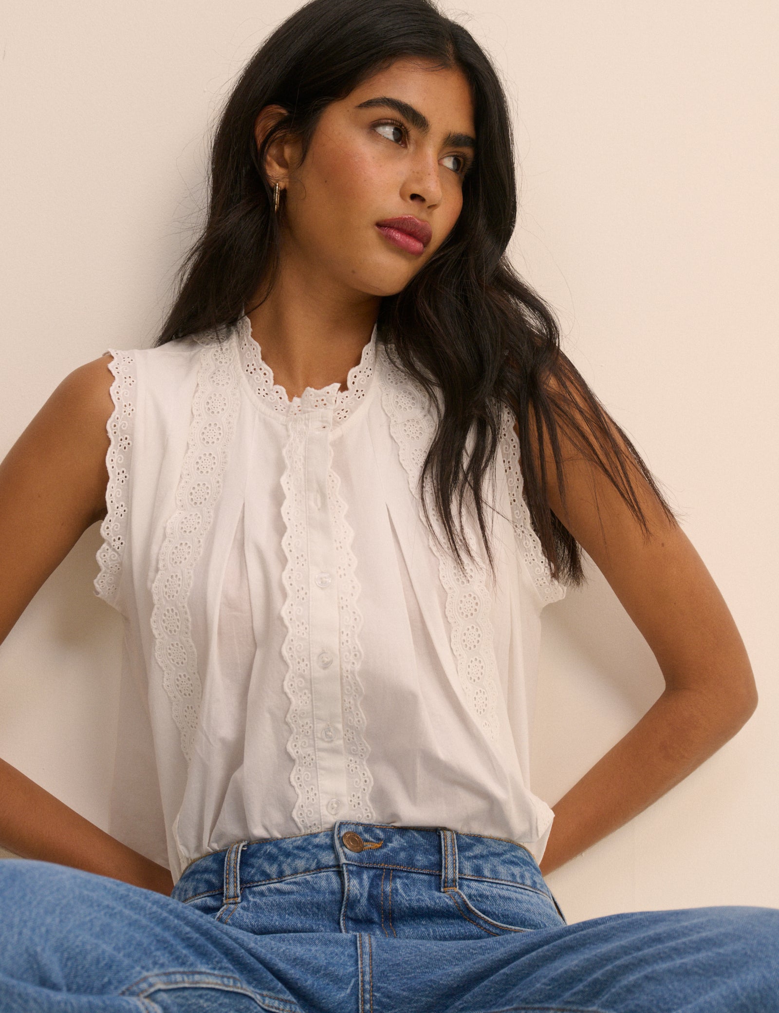 White Broderie Anglaise Trim Blouse