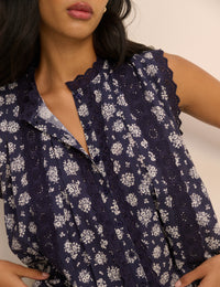 Navy Floral Broderie Anglaise Trim Blouse