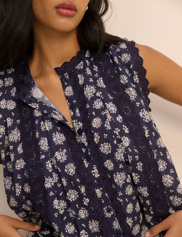 Navy Floral Broderie Anglaise Trim Blouse