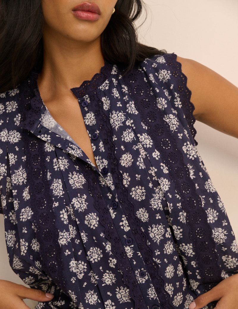 Navy Floral Broderie Anglaise Trim Blouse