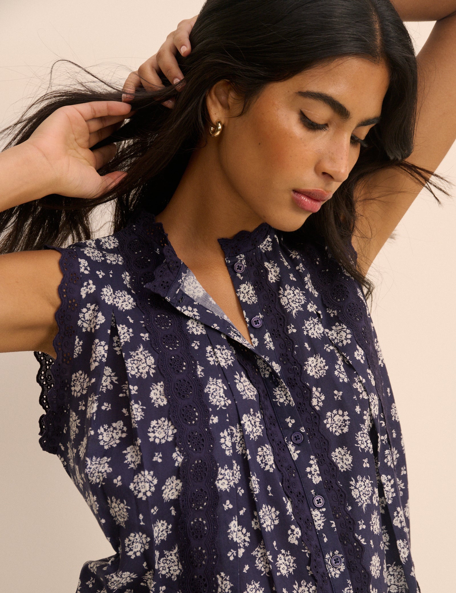 Navy Floral Broderie Anglaise Trim Blouse