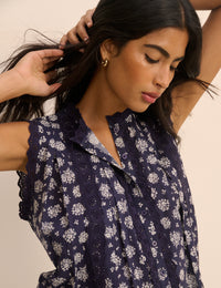 Navy Floral Broderie Anglaise Trim Blouse