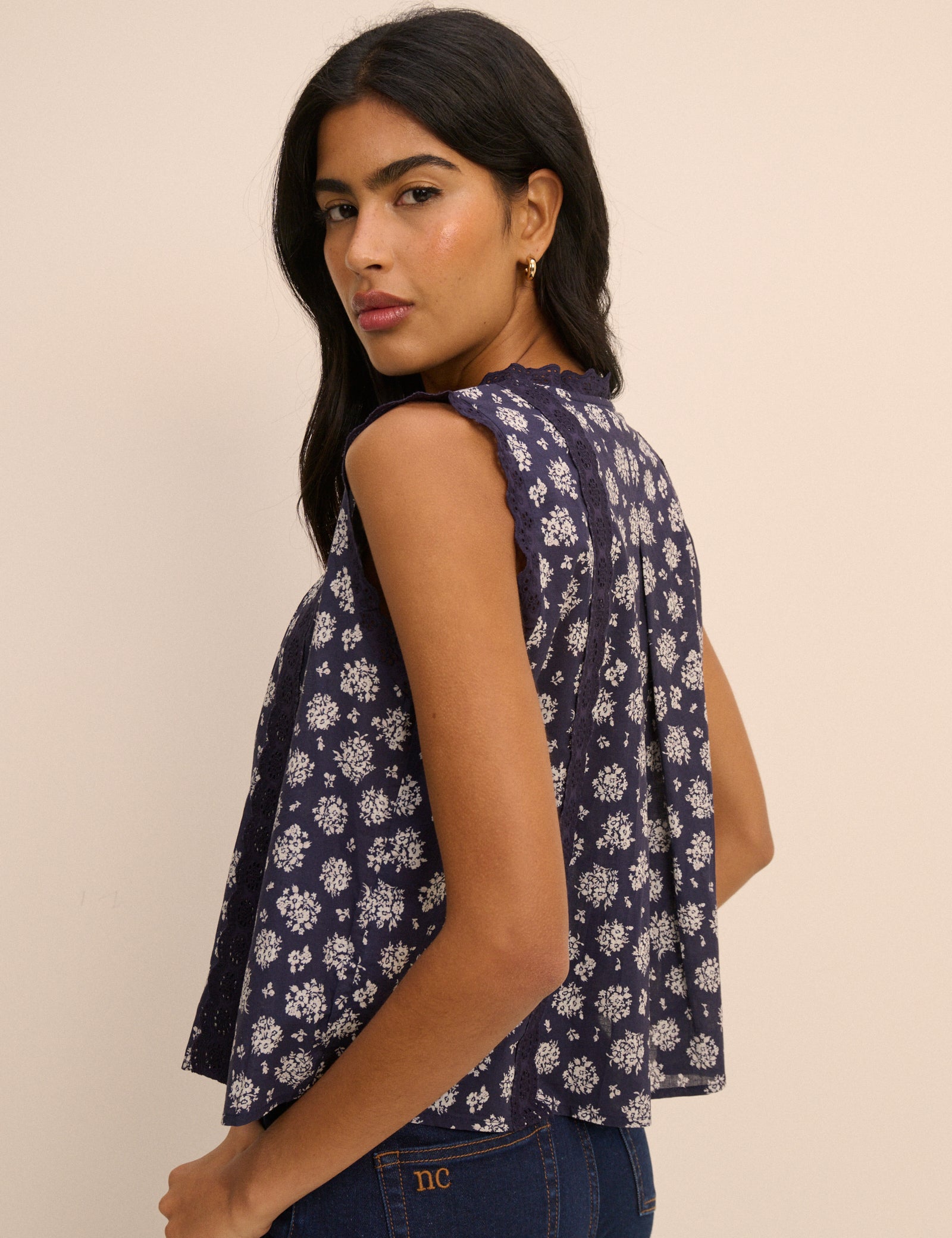 Navy Floral Broderie Anglaise Trim Blouse