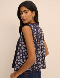 Navy Floral Broderie Anglaise Trim Blouse