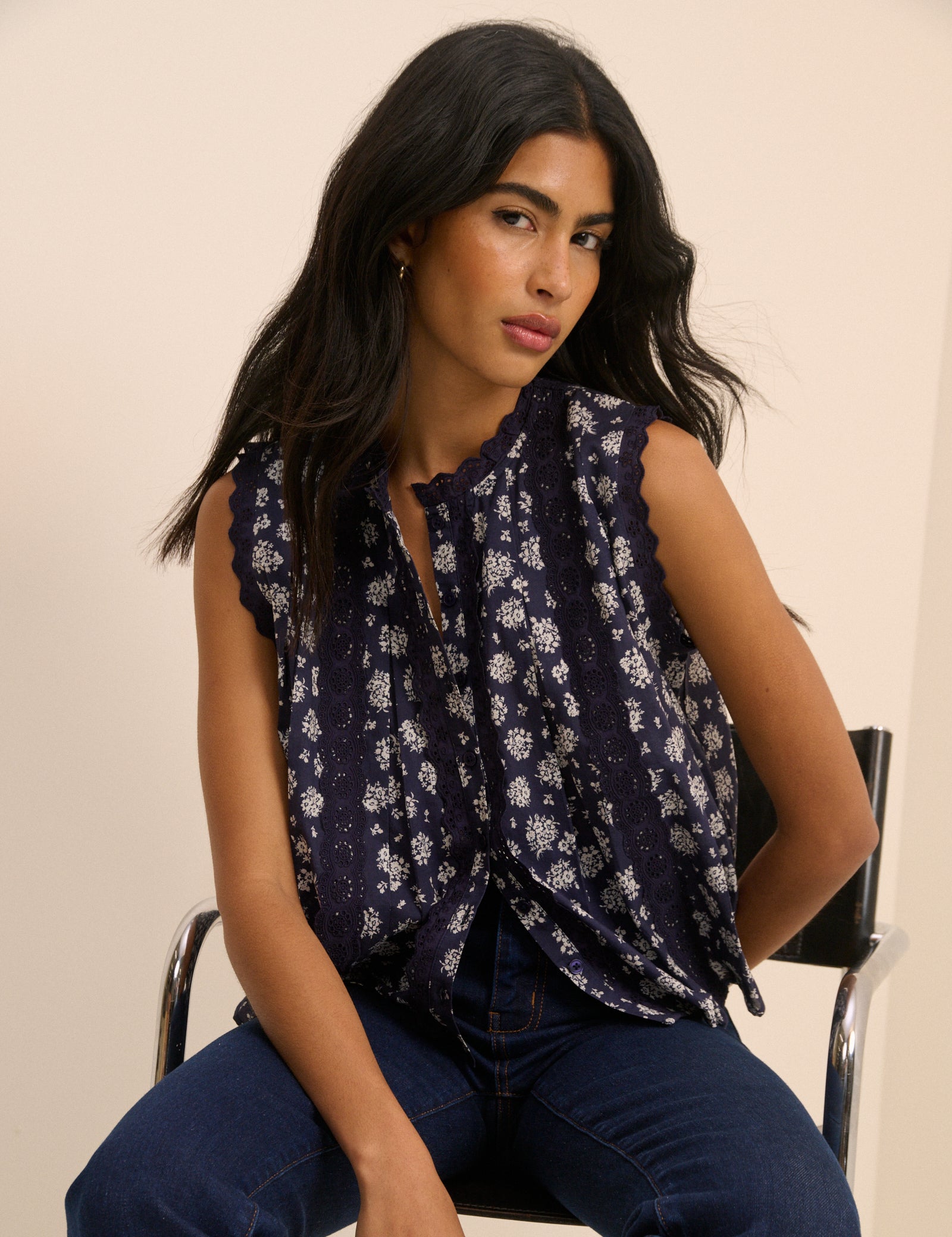 Navy Floral Broderie Anglaise Trim Blouse