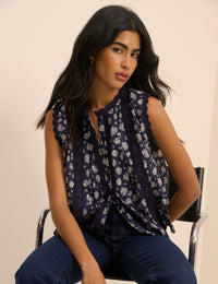 Navy Floral Broderie Anglaise Trim Blouse