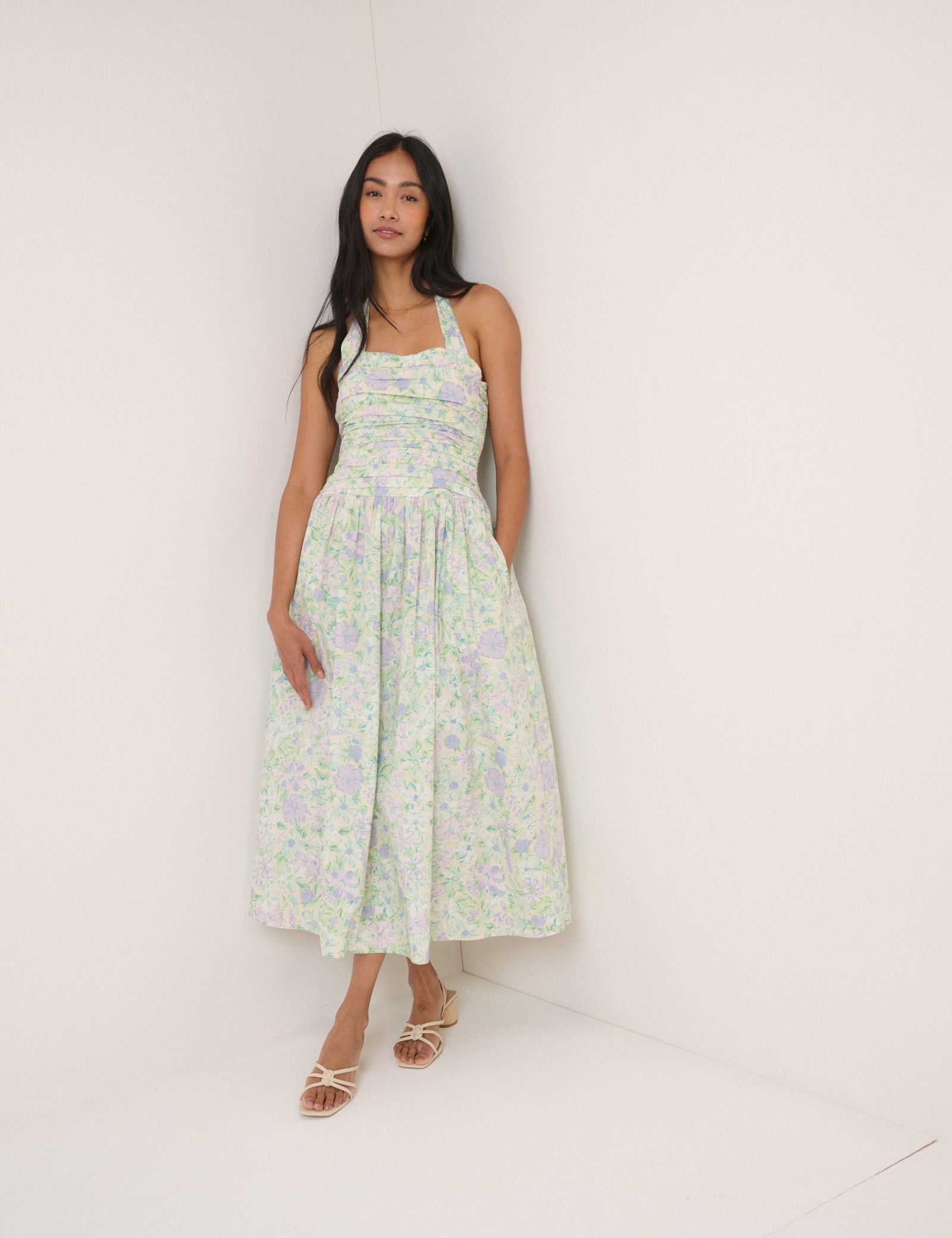 White Floral Halterneck Lilah Midi Dress White Floral Halterneck Lilah Midi Dress
