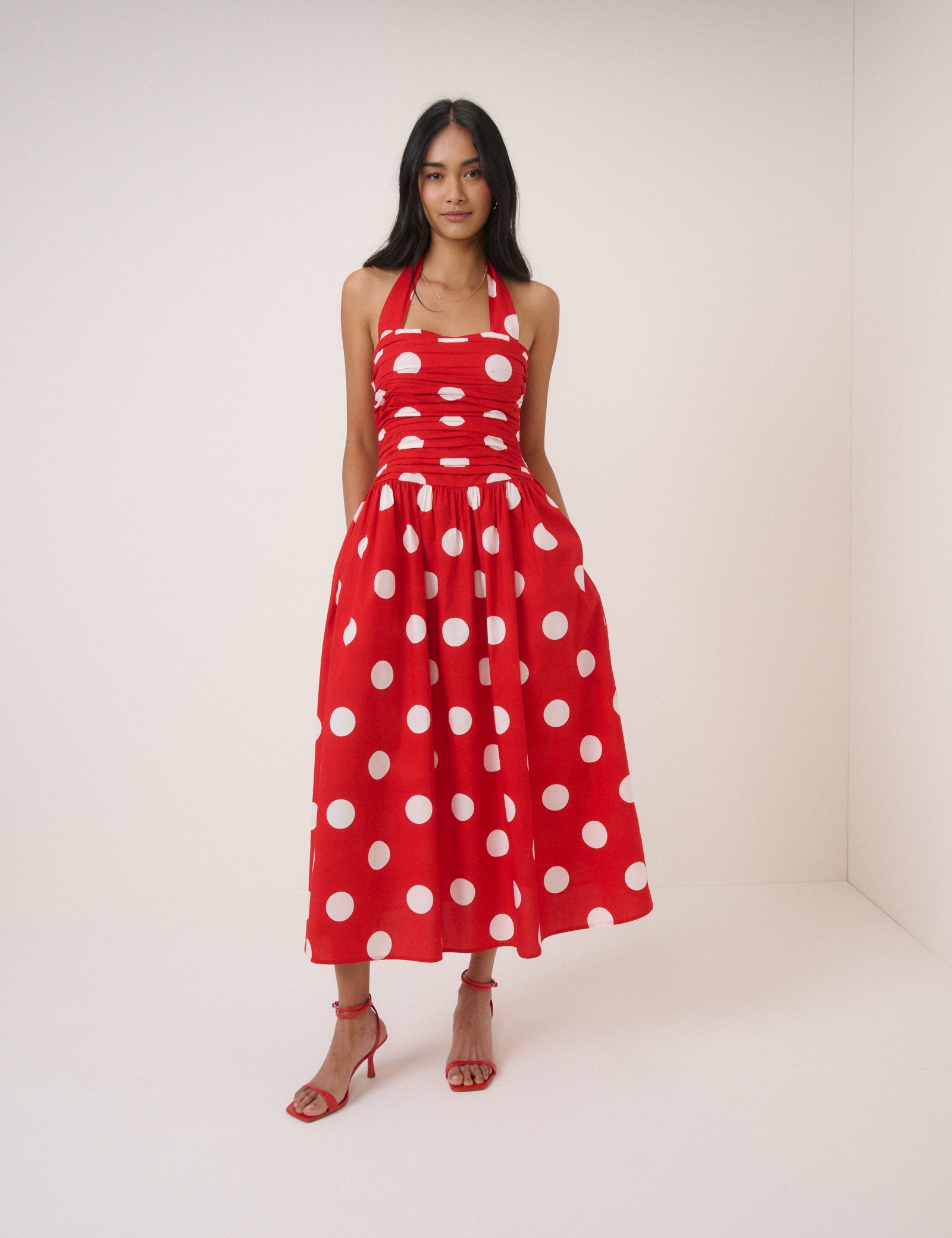 Red Polka Dot Halterneck Lilah Midi Dress Red Polka Dot Halterneck Lilah Midi Dress