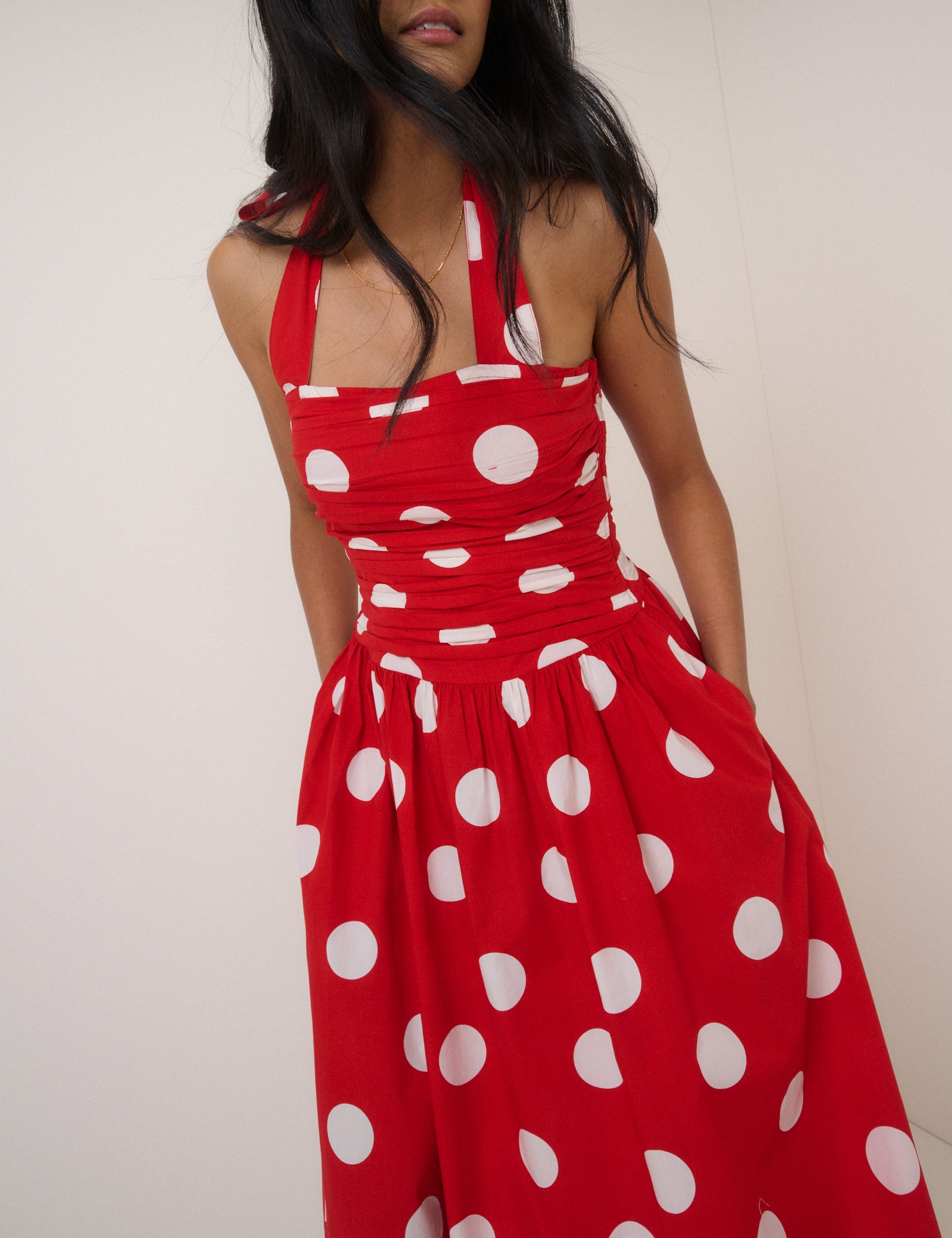 Red Polka Dot Halterneck Lilah Midi Dress