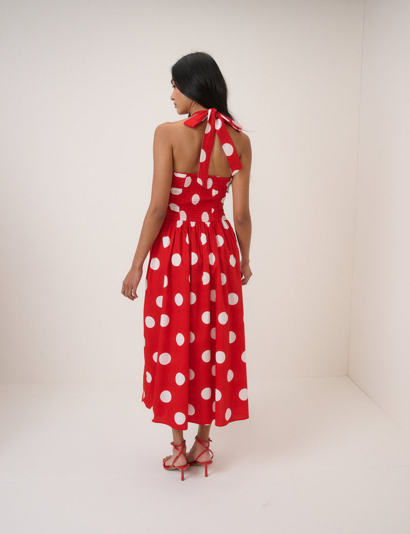 Red Polka Dot Halterneck Lilah Midi Dress