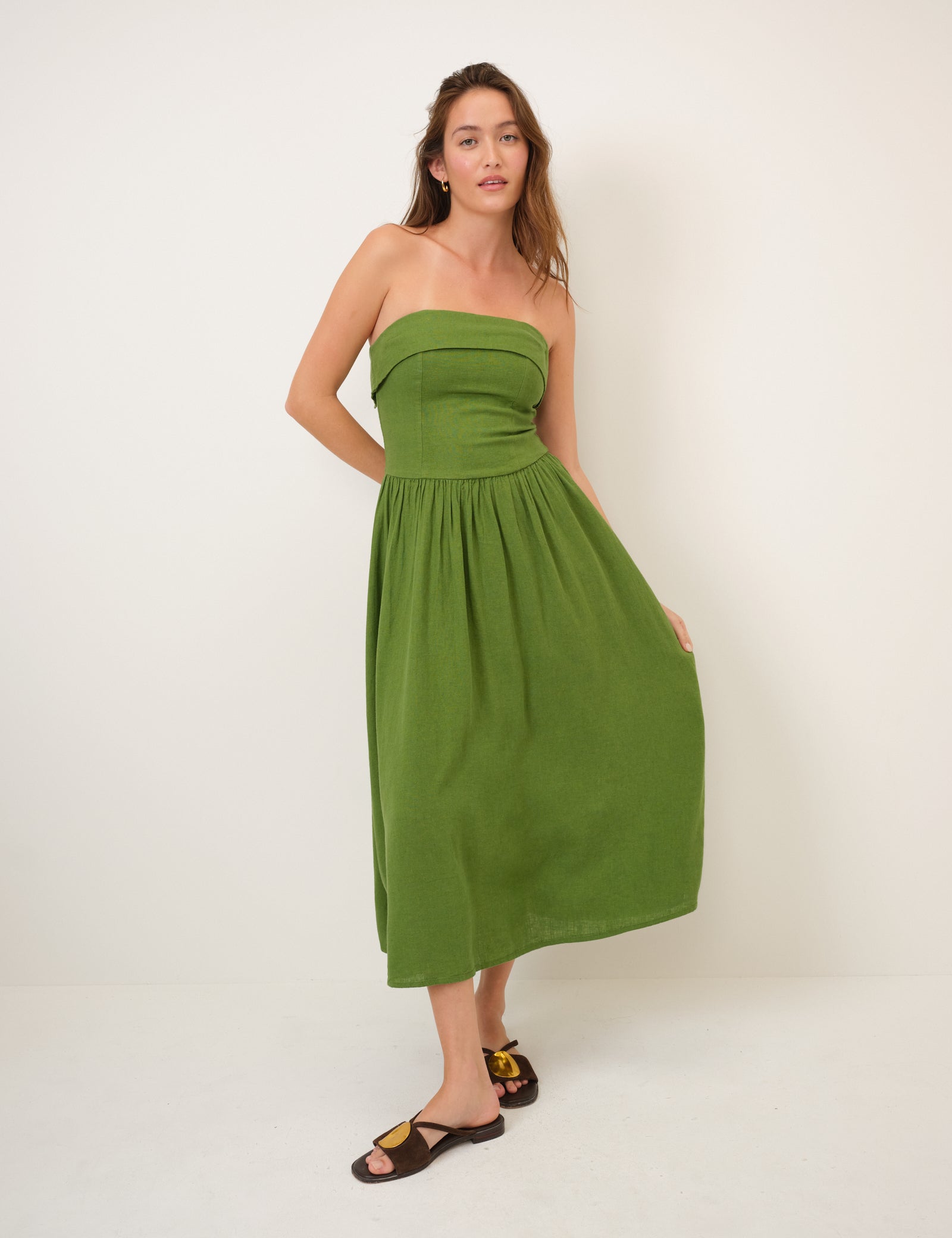 Green Linen-Blend Bandeau Fia Midi Dress