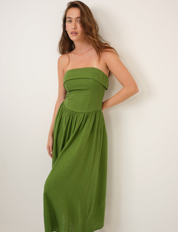 Green Linen-Rich Bandeau Fia Midi Dress