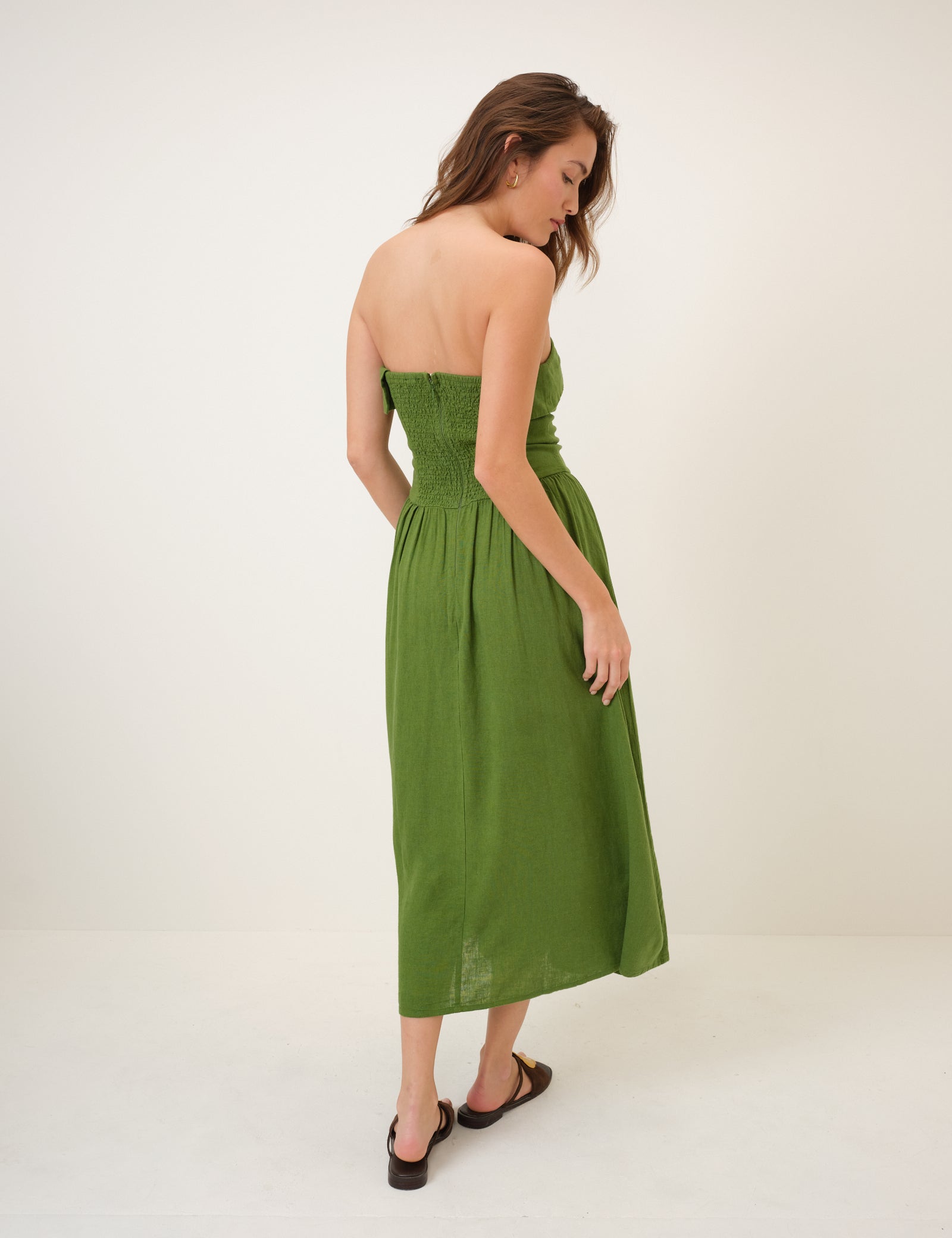 Green Linen-Blend Bandeau Fia Midi Dress