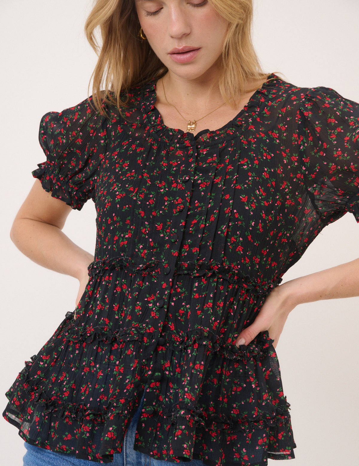 Black Floral Scoop Neck Top