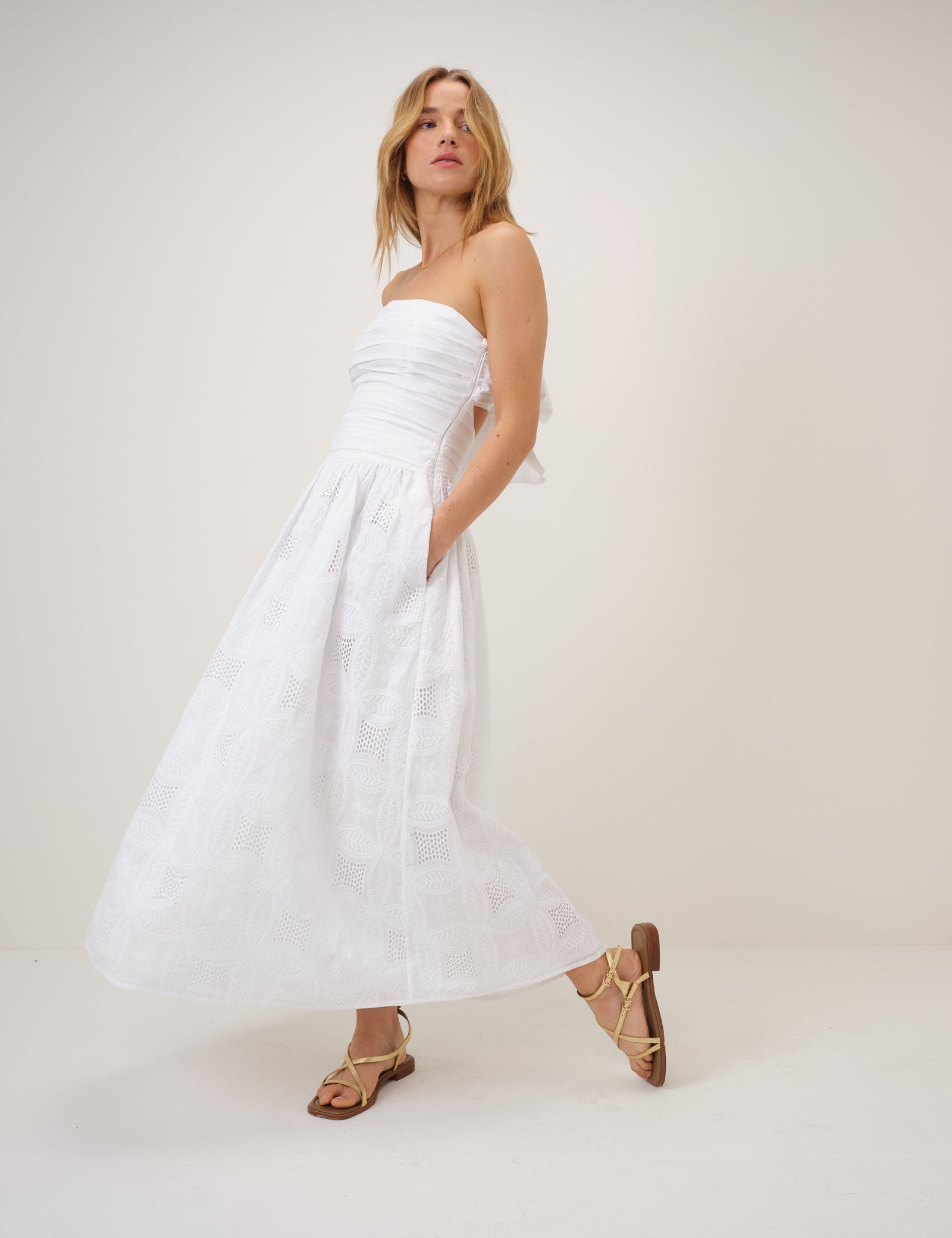 White Embroidered Bandeau Ariella Drop Waist Midi Dress White Embroidered Bandeau Ariella Drop Waist Midi Dress