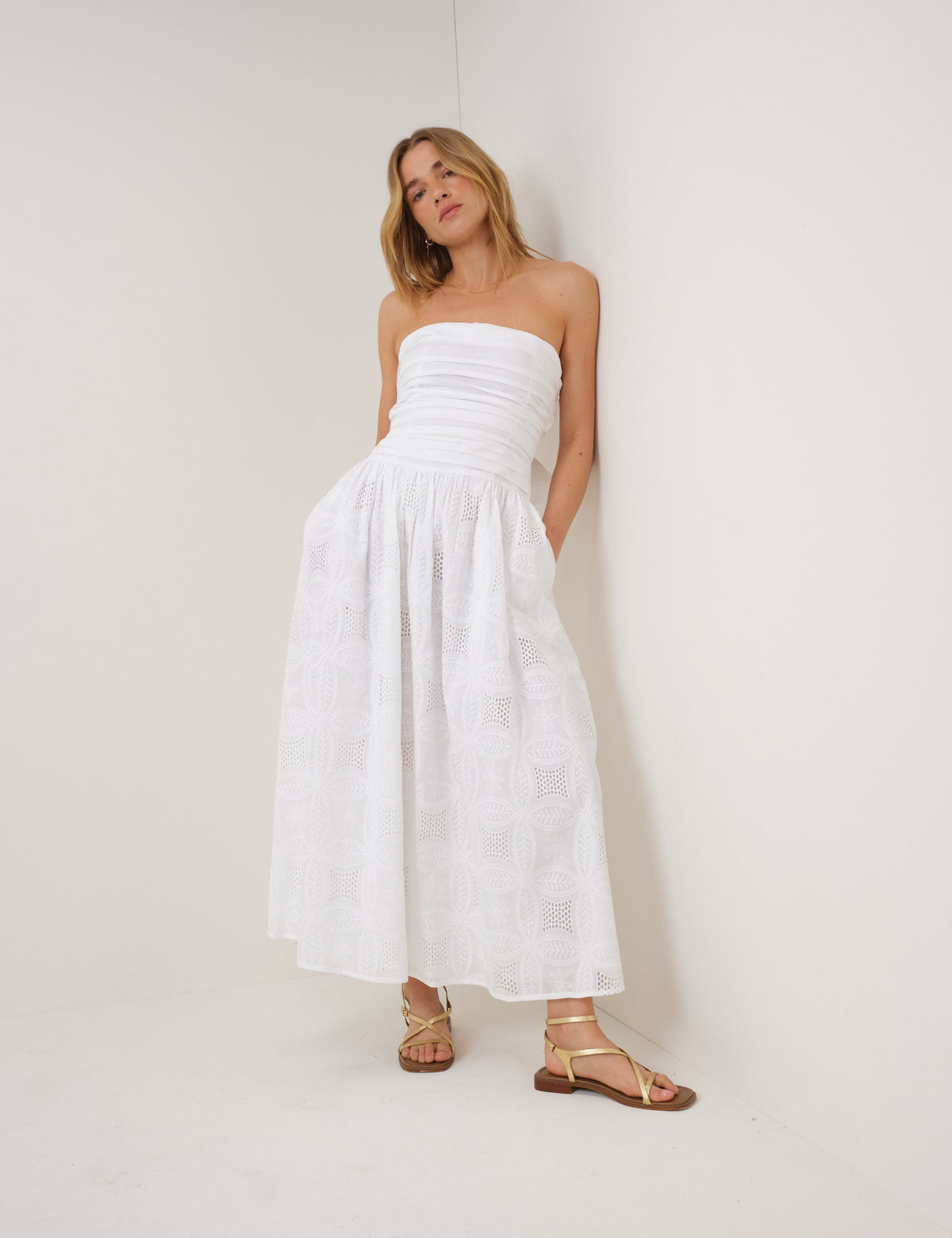 White Embroidered Bandeau Ariella Drop Waist Midi Dress