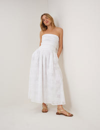 White Embriodered Bandeau Ariella Drop Waist Midi Dress