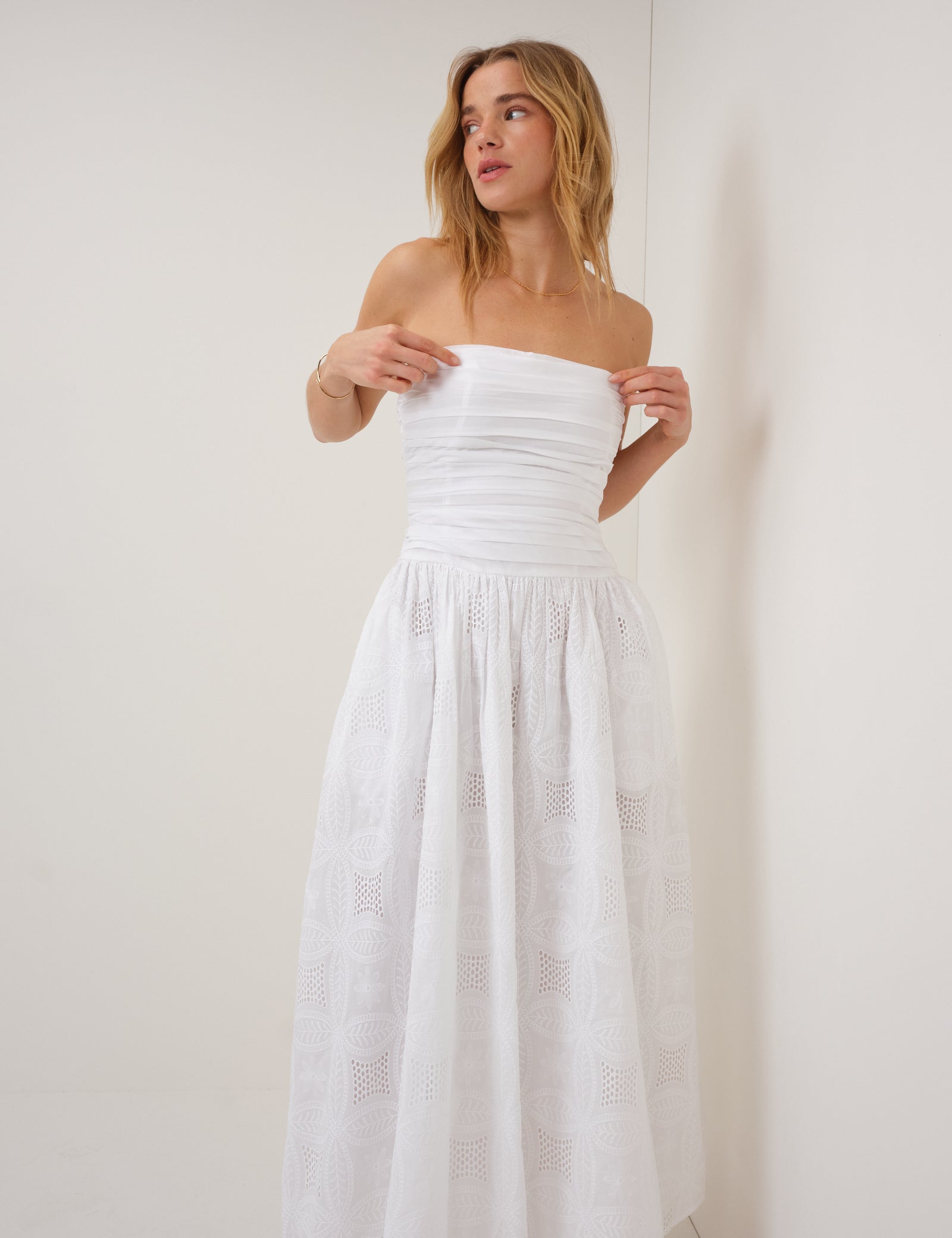 White Embriodered Bandeau Ariella Drop Waist Midi Dress