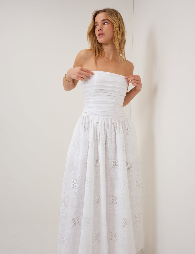bandeau drop waist midi dress White Embroidered Bandeau Ariella Drop Waist Midi Dress