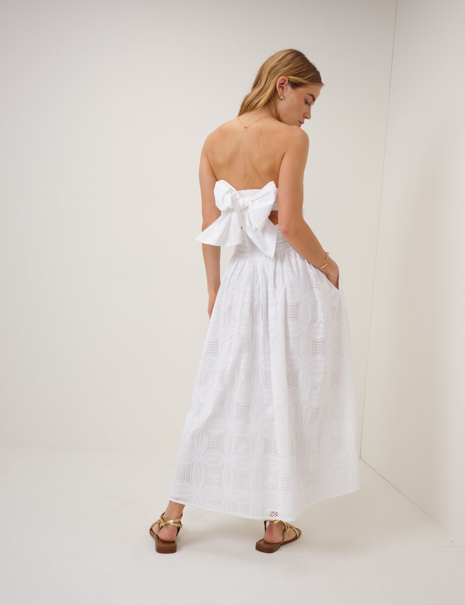 White Embroidered Bandeau Ariella Drop Waist Midi Dress White Embroidered Bandeau Ariella Drop Waist Midi Dress