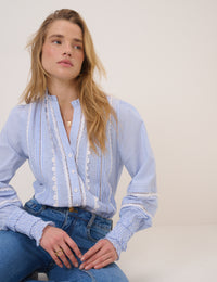 Blue Pinstripe Lace Trim Blouse