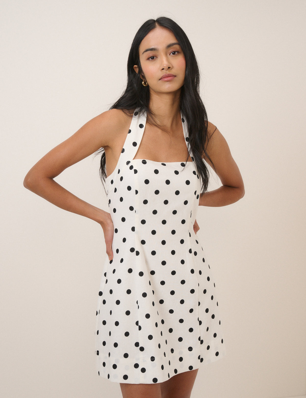 White Polka Dot Linen-Blend Emily Mini Dress
