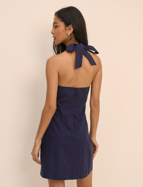 Navy Halterneck Linen-Blend Emily Mini Dress