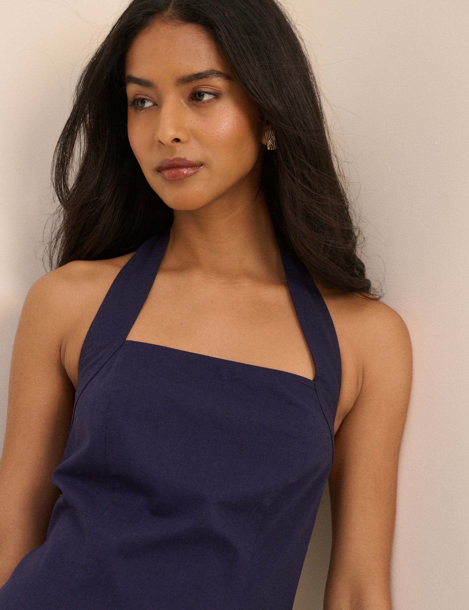 Navy Halterneck Linen-Blend Emily Mini Dress Navy Halterneck Linen-Blend Emily Mini Dress